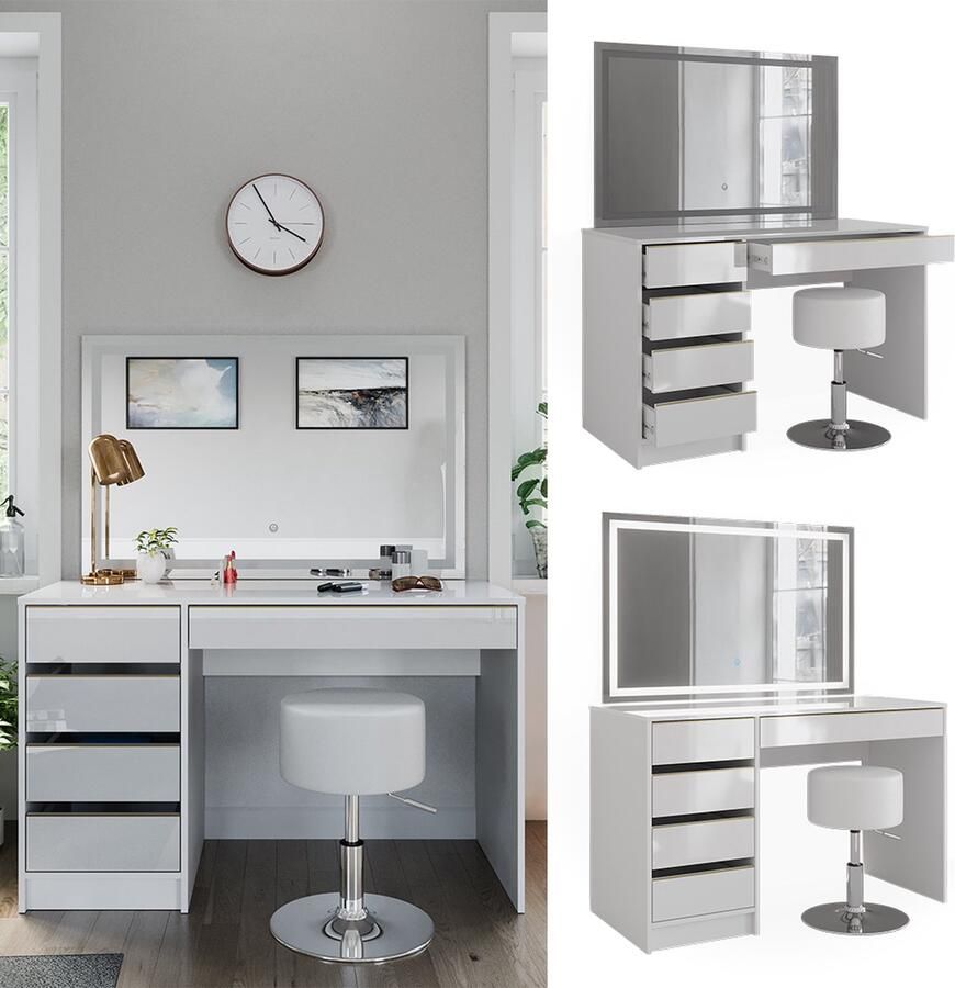 Vicco Sherry Kaptafel – 120 cm met LED-spiegel en kruk Wit Goud met LED-spiegel en kruk