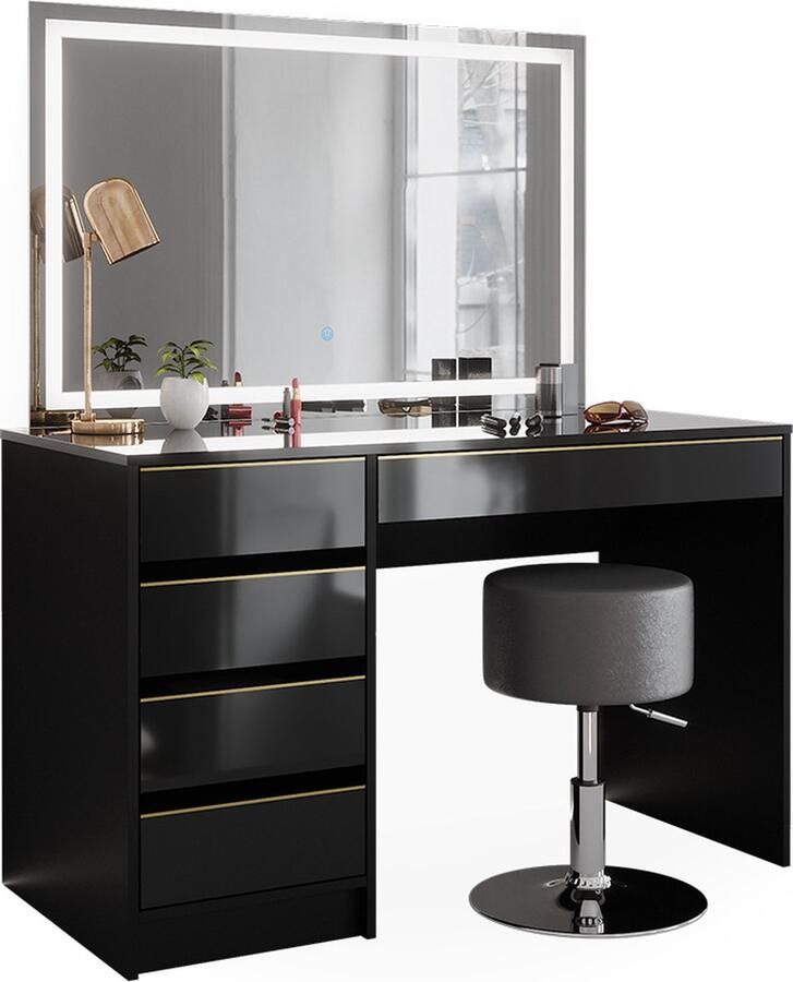 Vicco Sherry Kaptafel – 120 cm met LED-spiegel en kruk Zwart goud met LED-spiegel en kruk