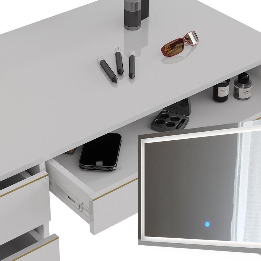 Vicco Sherry Kaptafel – 120 cm met LED-spiegel Wit Goud met LED-spiegel