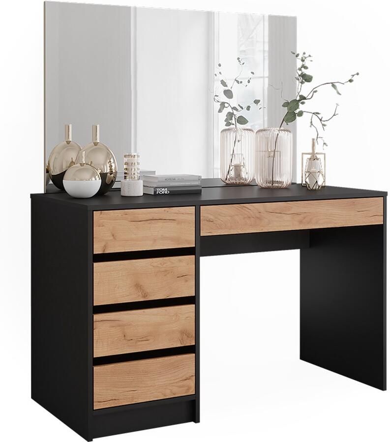 Vicco Sherry Toilettafel – 120 x 75 cm met LED-spiegel en krukje Antraciet gouden eik met LED-spiegel en krukje