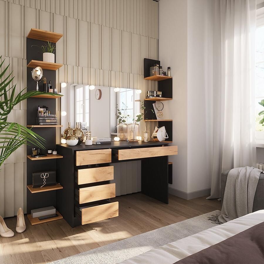 Vicco Sherry Kaptafel – 120 x 75 cm met spiegel & LED-verlichting Antraciet gouden eik met spiegel & LED-verlichting