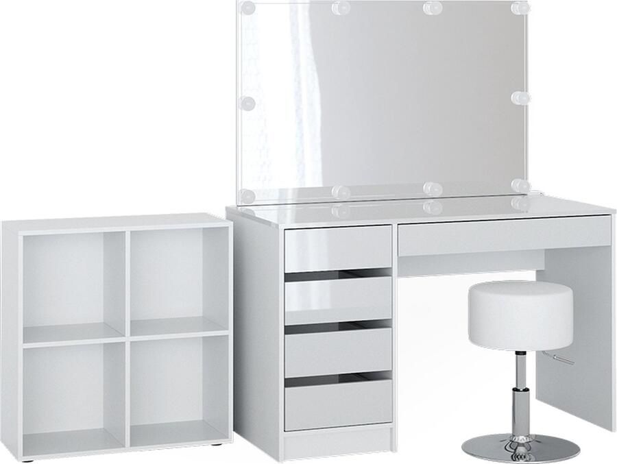 Vicco Sherry Toilettafel – 120 cm 4 delen met schap spiegel kruk LED Wit 4 delen met schap spiegel kruk LED