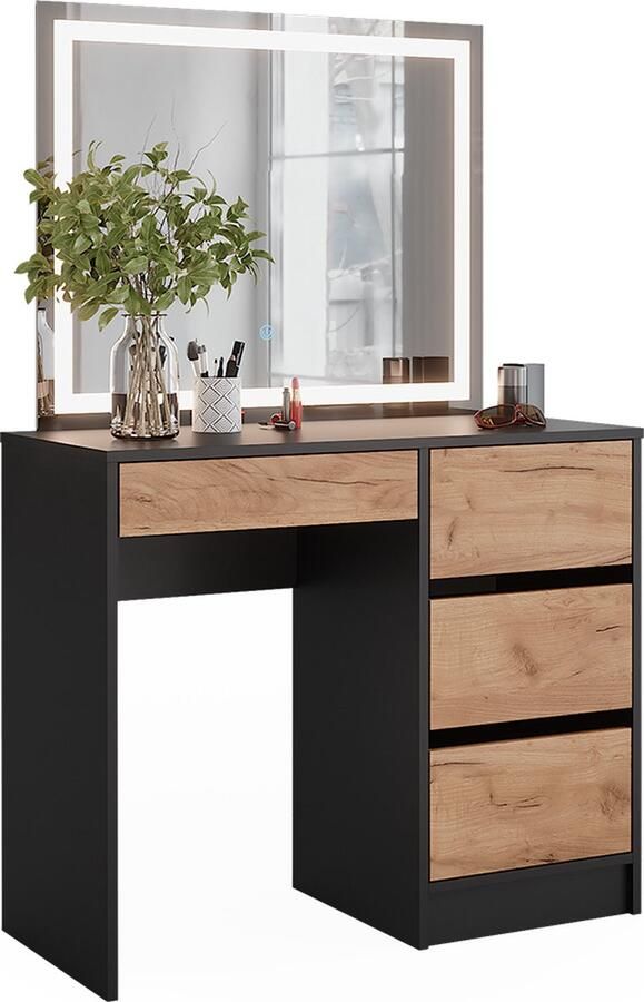 Vicco Sherry Kaptafel – 90 x 75 cm met LED-spiegel Antraciet gouden eik met LED-spiegel