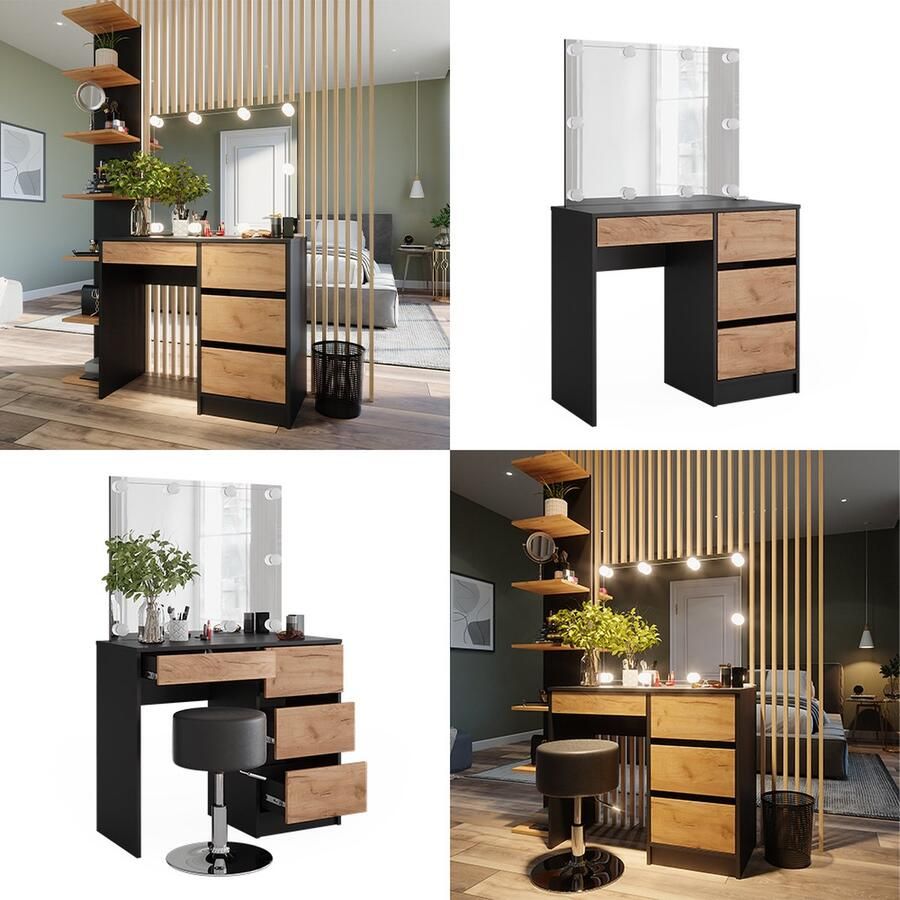 Vicco Sherry Kaptafel – 90 x 75 cm met spiegel & LED-verlichting Antraciet gouden eik met spiegel & LED-verlichting