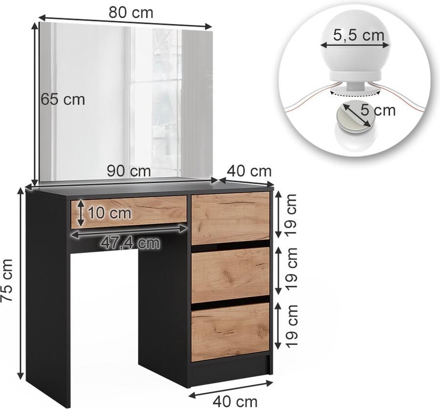 Vicco Sherry Kaptafel – 90 x 75 cm met spiegel & LED-verlichting Antraciet gouden eik met spiegel & LED-verlichting - Foto 2