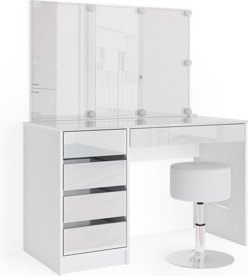 Vicco Sherry Make-uptafel set met kruk – 120 cm met LED-verlichting en kruk Wit met LED-verlichting en kruk