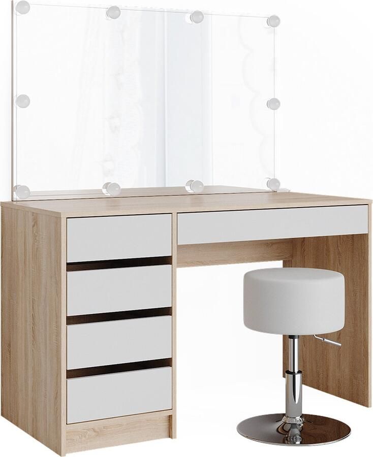 Vicco Sherry Make-uptafel set met kruk – 120 cm met LED-verlichting en kruk Wit Sonoma met LED-verlichting en kruk