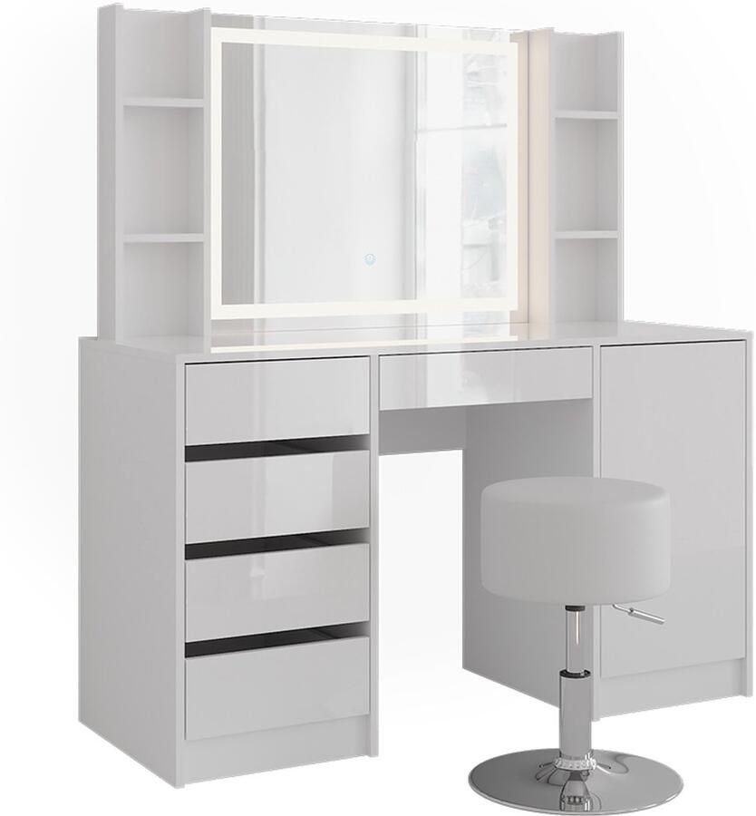 Vicco Sherry Kaptafel set met kruk – 128.2 cm 5 delen Wit wit hoogglans