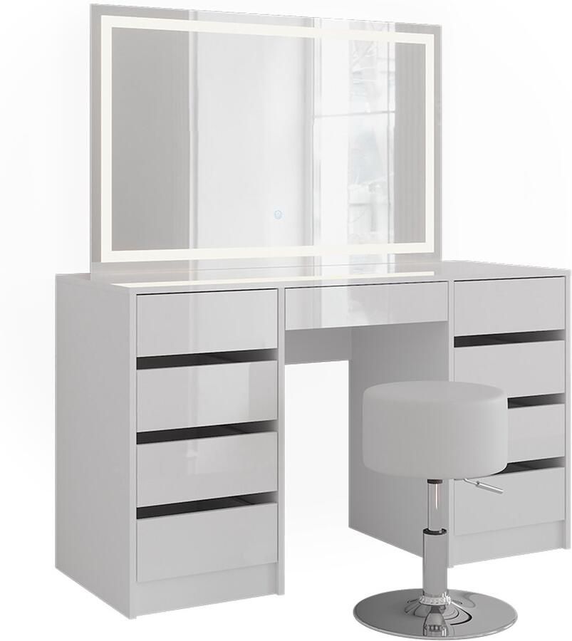 Vicco Sherry Kaptafel set met kruk – 128.2 cm met LED-spiegel en kruk Wit wit hoogglans