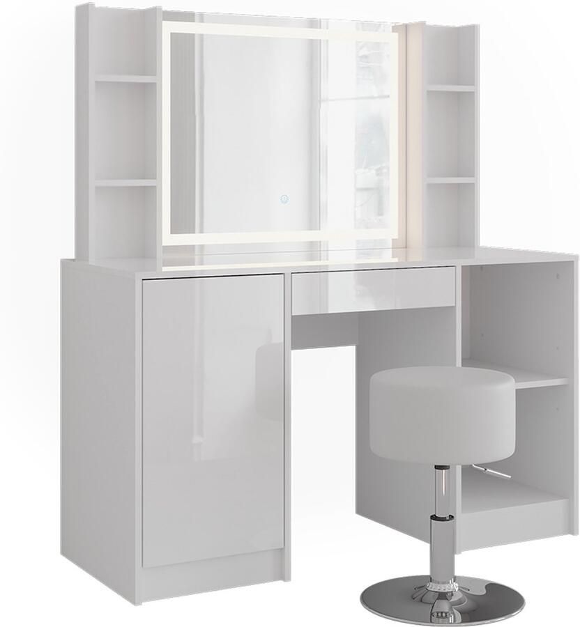 Vicco Sherry Kaptafel set met kruk – 128.2 cm met LED-spiegel en kruk Wit wit hoogglans
