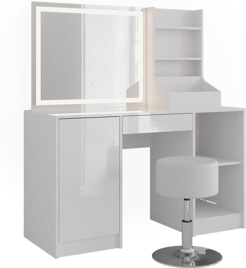Vicco Sherry Kaptafel set met kruk – 128.2 cm met LED-spiegel en kruk Wit wit hoogglans