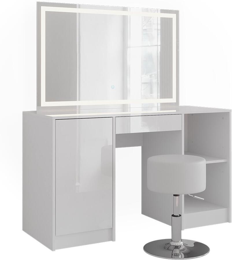 Vicco Sherry Kaptafel set met kruk – 128.2 cm met LED-spiegel en kruk Wit wit hoogglans