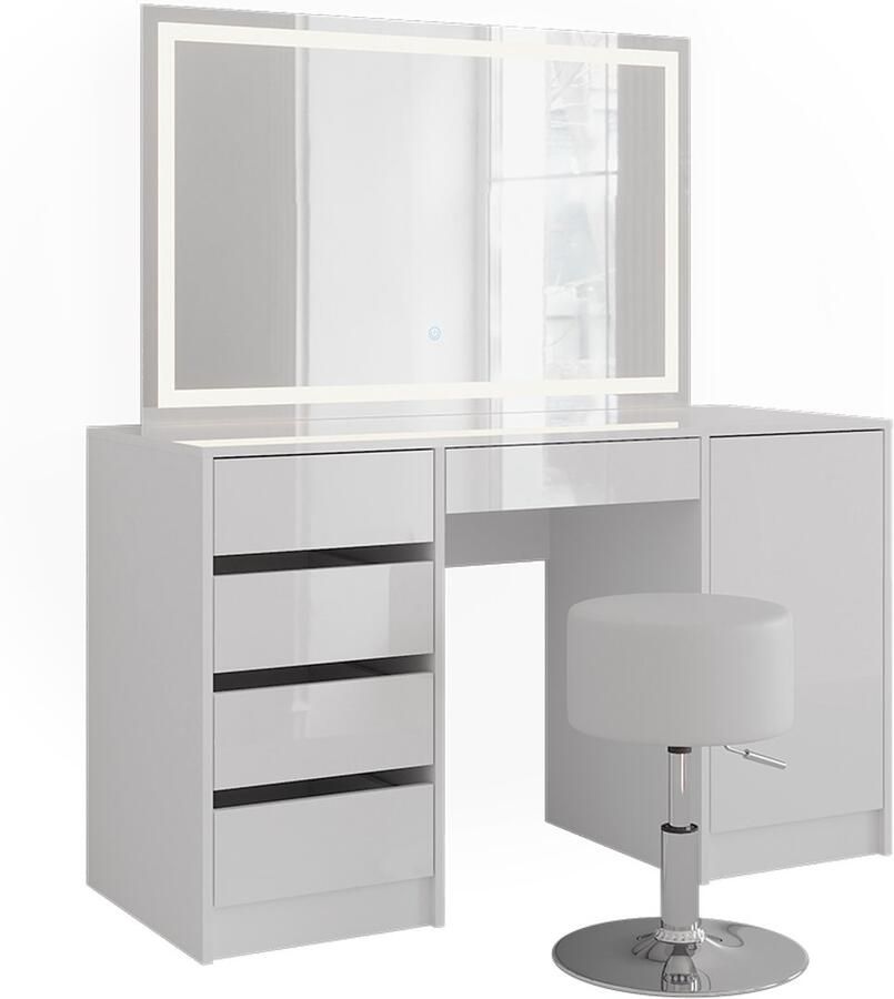 Vicco Sherry Kaptafel set met kruk – 128.2 cm met LED-spiegel en kruk Wit wit hoogglans