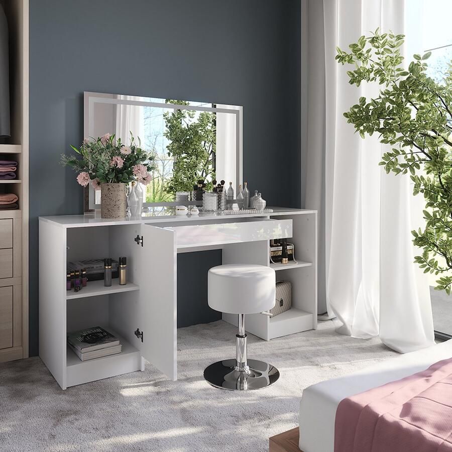 Vicco Sherry Kaptafel set met kruk – 158.2 cm met LED-spiegel en kruk Wit wit hoogglans