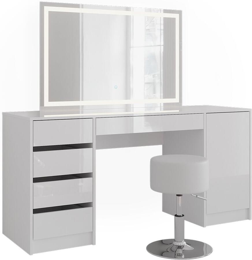 Vicco Sherry Kaptafel set met kruk – 158.2 cm met LED-spiegel en kruk Wit wit hoogglans