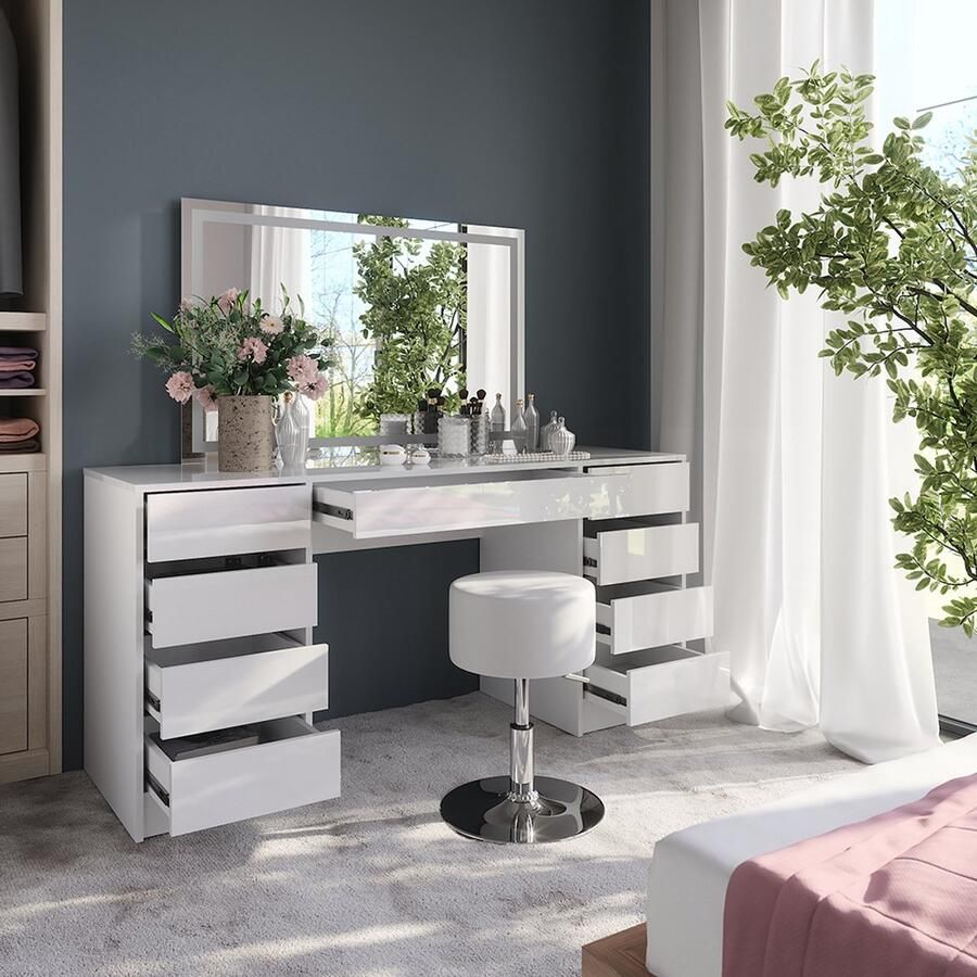 Vicco Sherry Kaptafel set met kruk – 158.2 cm met LED-spiegel en kruk Wit wit hoogglans