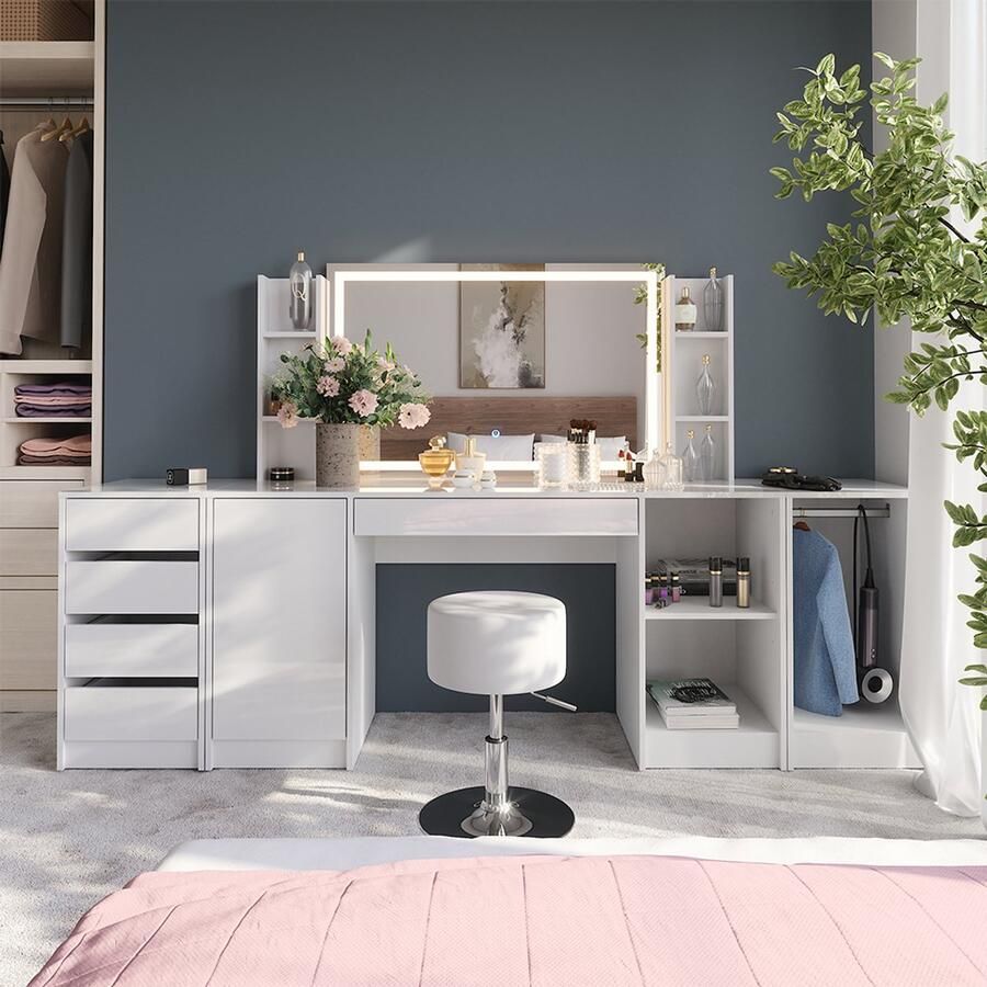 Vicco Sherry Kaptafel set met kruk – 158.2 cm met LED-spiegel en kruk Wit wit hoogglans