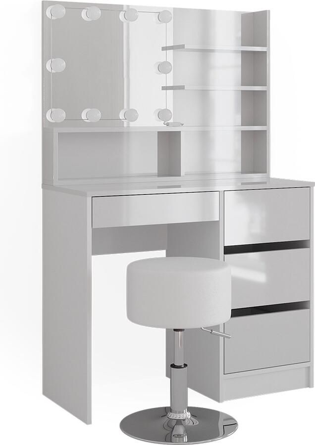 Vicco Sherry Make-uptafel set met kruk – 40 cm met LED-verlichting kruk en spiegelplank Wit met LED-verlichting kruk en spiegelplank