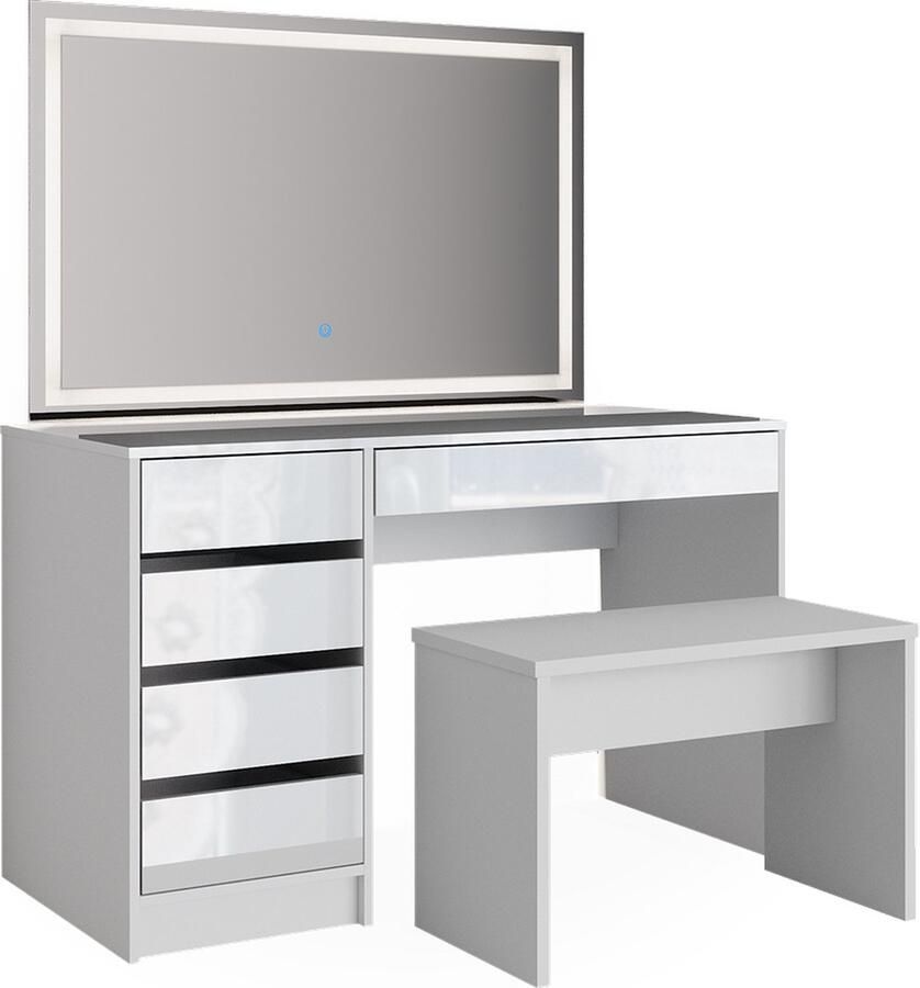 Vicco Sherry Make-uptafel set met kruk – 55 cm met LED-spiegel en bankje Wit met LED-spiegel en bankje