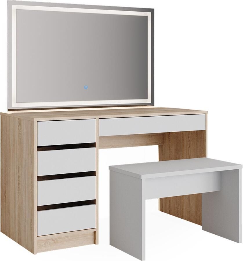 Vicco Sherry Make-uptafel set met kruk – 55 cm met LED-spiegel en kruk Wit Sonoma met LED-spiegel en kruk