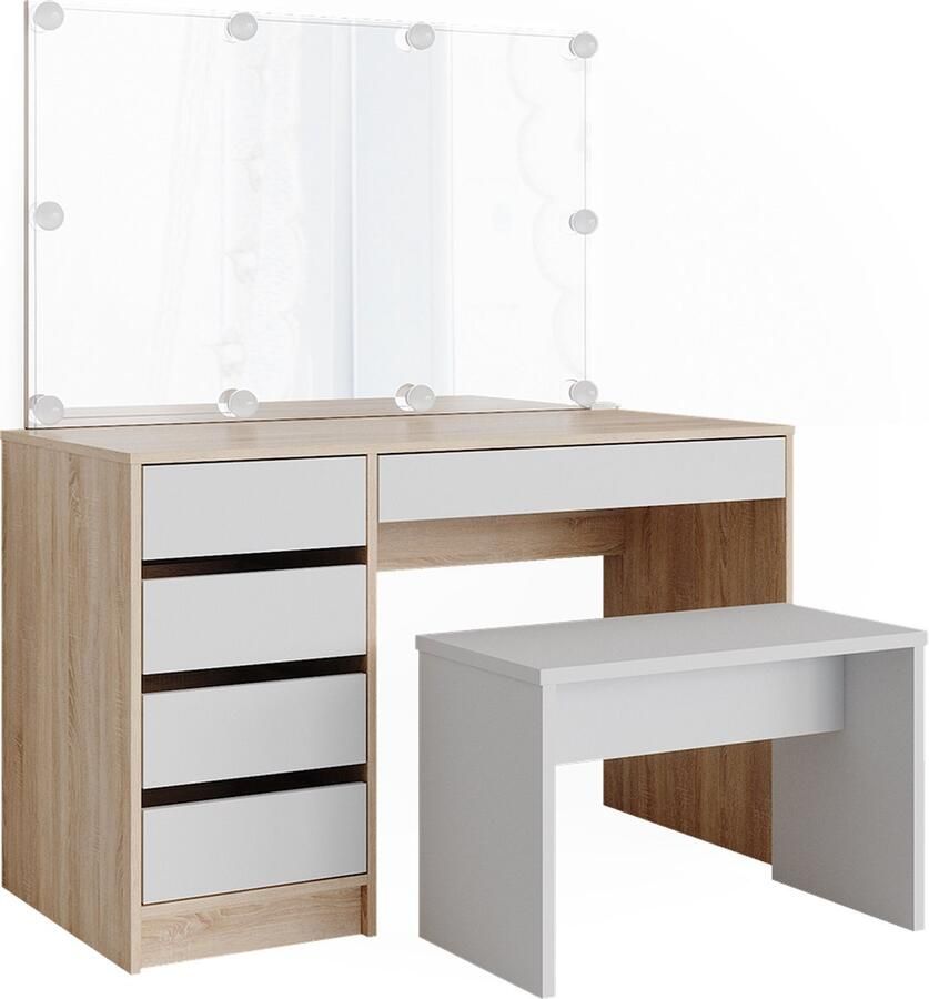 Vicco Sherry Make-uptafel set met kruk – 55 cm met LED-verlichting en bank Wit Sonoma met LED-verlichting en bank
