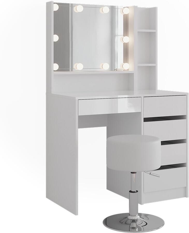 Vicco Sherry Kaptafel set met kruk – 89.8 cm 5 delen Wit wit hoogglans