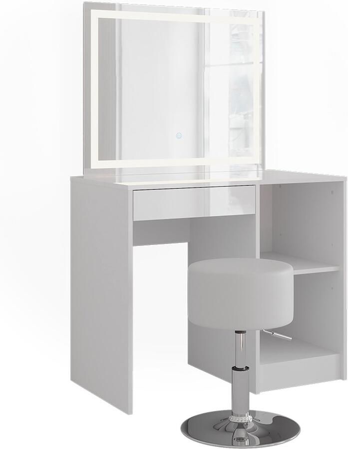Vicco Sherry Kaptafel set met kruk – 89.8 cm met LED-spiegel en kruk Wit wit hoogglans