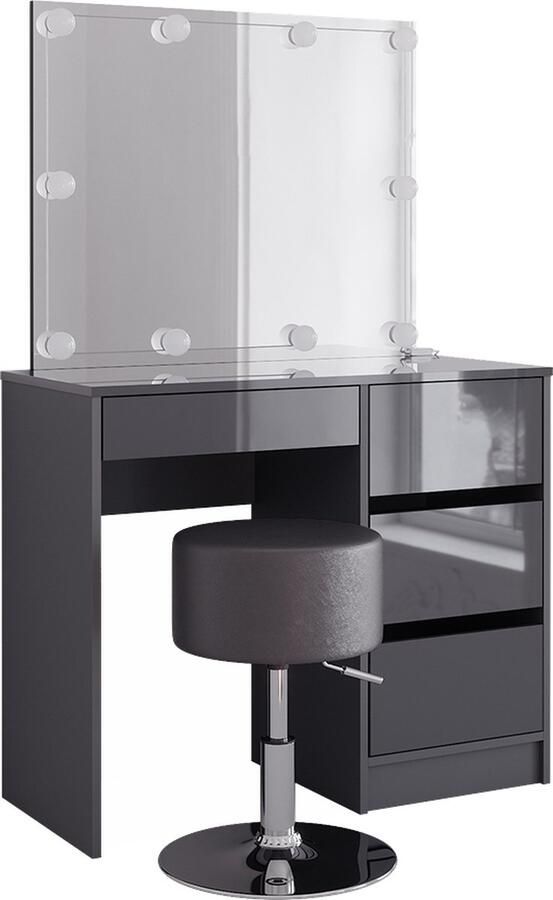 Vicco Sherry Make-uptafel set met kruk – 90 cm met LED-verlichting en kruk Antraciet Hoogglans met LED-verlichting en kruk