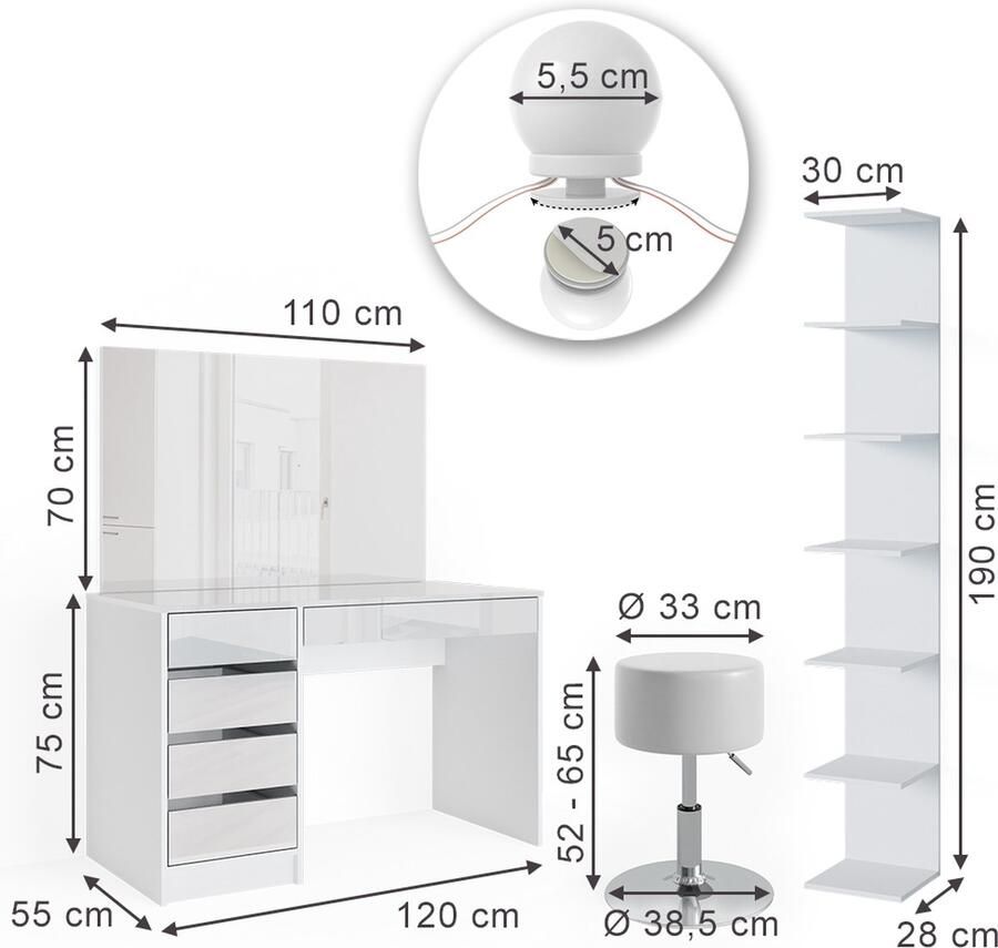 Vicco Sherry Toilettafel – 4 delen met opbergplank spiegel kruk LED Wit 4 delen met opbergplank spiegel kruk LED - Foto 2