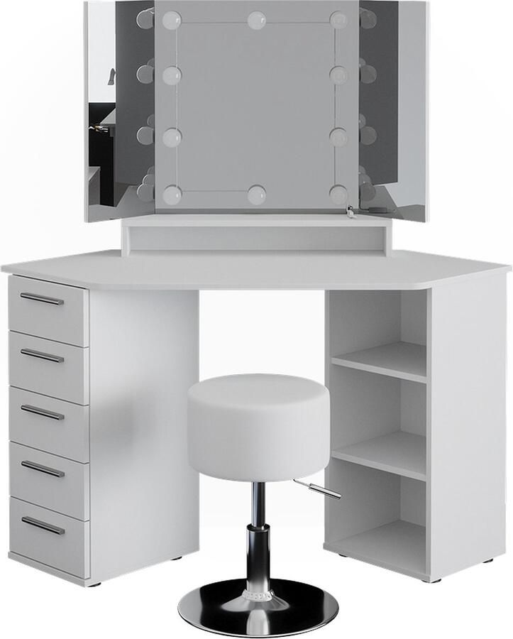 Vicco Sofia Hoek kaptafel – 128.4 cm met LED-verlichting en kruk Wit met LED-verlichting en kruk