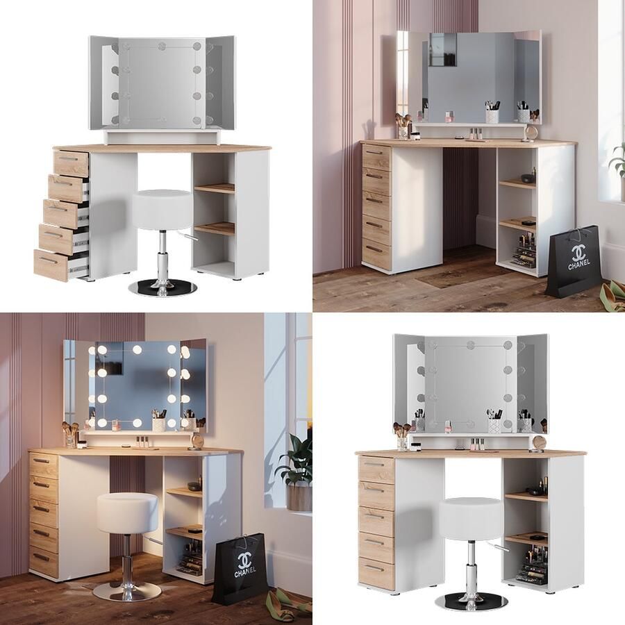 Vicco Sofia Hoek kaptafel – 128.4 cm met LED-verlichting en kruk Wit Sonoma met LED-verlichting en kruk