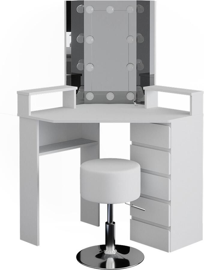 Vicco Tilda Hoek kaptafel – 113.3 cm met LED-verlichting en kruk Wit met LED-verlichting en kruk