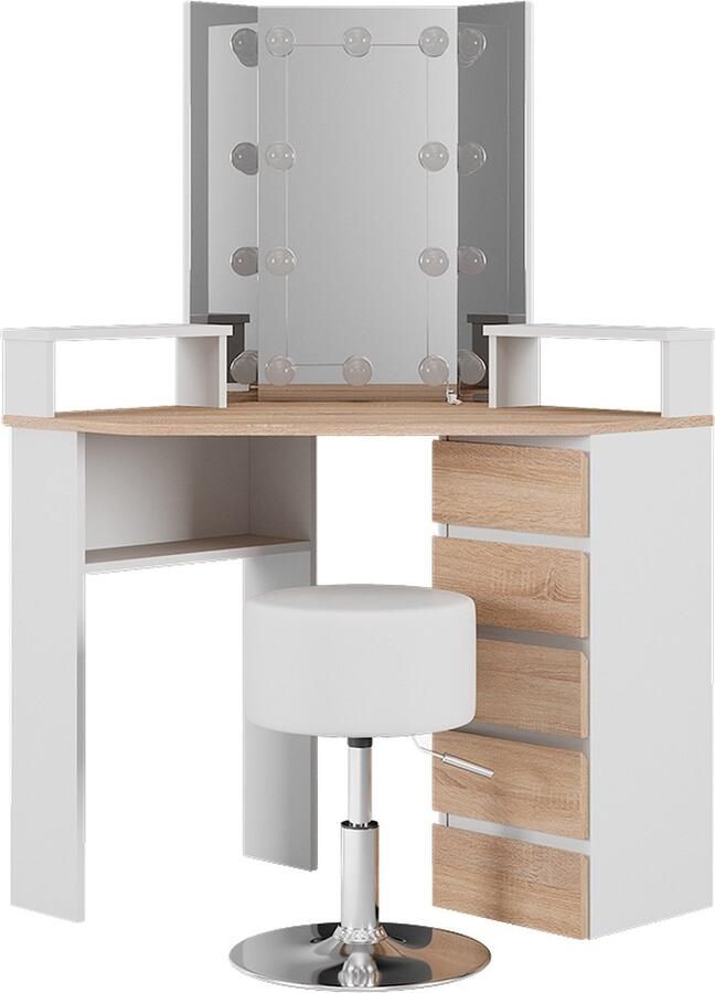 Vicco Tilda Hoek kaptafel – 113.3 cm met LED-verlichting en kruk Wit Sonoma met LED-verlichting en kruk