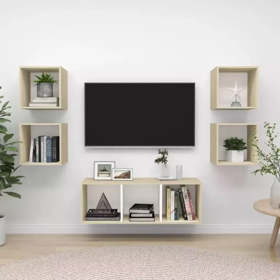 VidaLife 5-delige Tv-meubelset spaanplaat wit en sonoma eikenkleurig