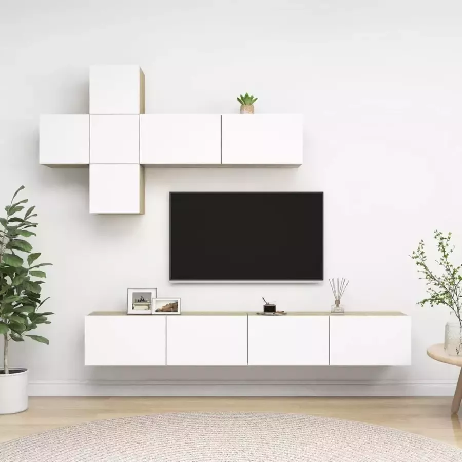 VidaLife 7-delige Tv-meubelset spaanplaat wit en sonoma eikenkleurig