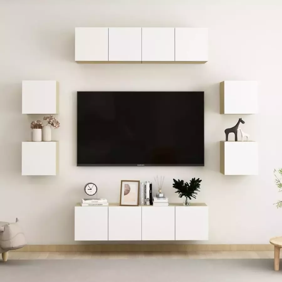 VidaLife 8-delige Tv-meubelset spaanplaat wit en sonoma eikenkleurig