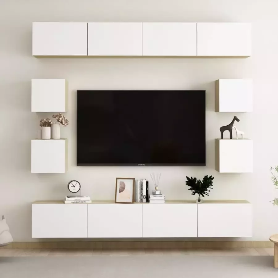 VidaLife 8-delige Tv-meubelset spaanplaat wit en sonoma eikenkleurig