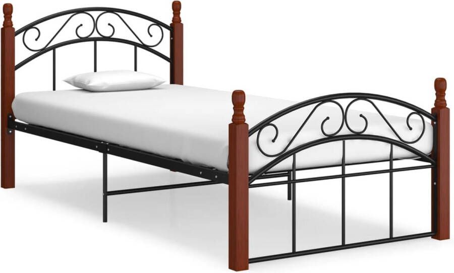 VidaLife Bedframe metaal en massief eikenhout zwart 100x200 cm - Foto 1