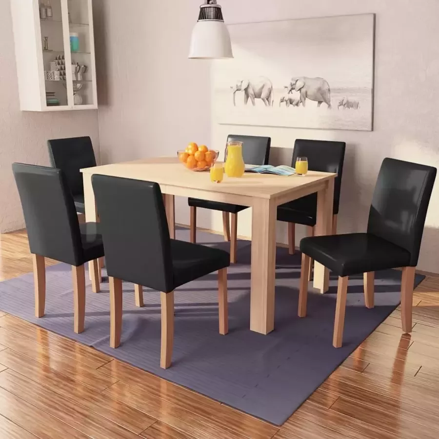 VidaLife Eettafel met stoelen kunstleer en eikenhout zwart 7 st