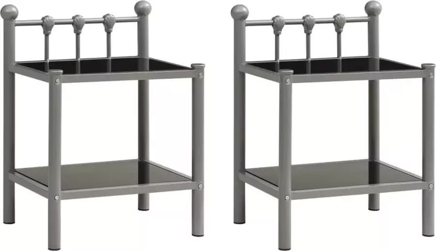 VidaLife Nachtkastjes 2 st metaal en glas grijs en zwart - Foto 2