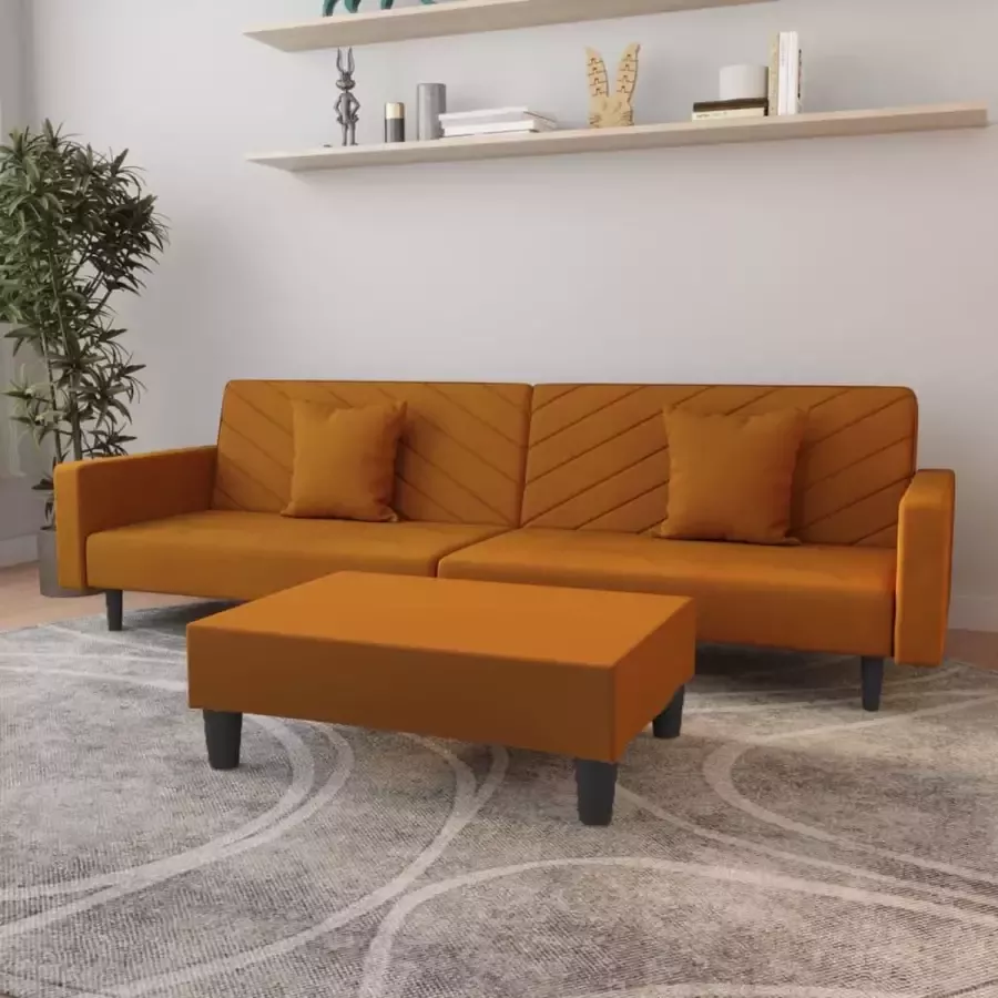 VidaLife Slaapbank 2-zits met 2 kussens en voetenbank fluweel bruin - Foto 2