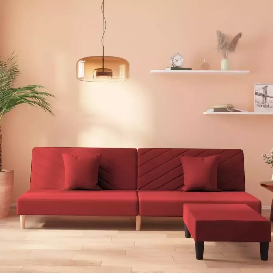 VidaLife Slaapbank 2-zits met 2 kussens en voetenbank fluweel wijnrood