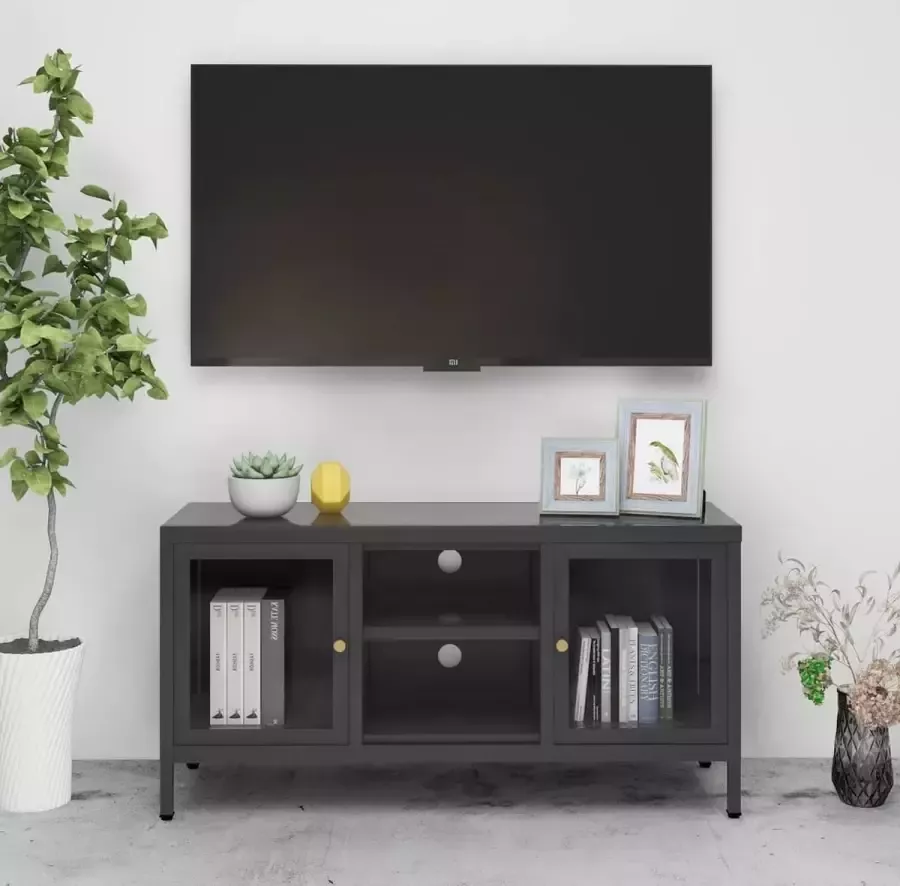 VidaLife Tv-meubel 105x35x52 cm staal en glas antracietkleurig
