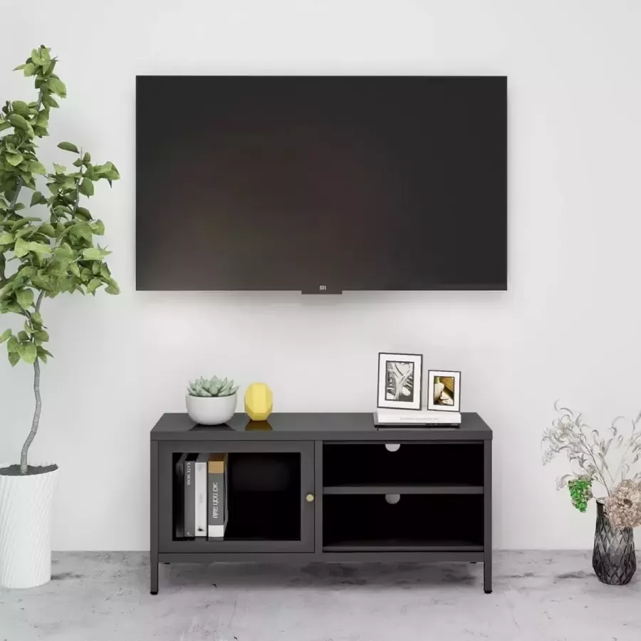 VidaLife Tv-meubel 90x30x44 cm staal en glas antracietkleurig