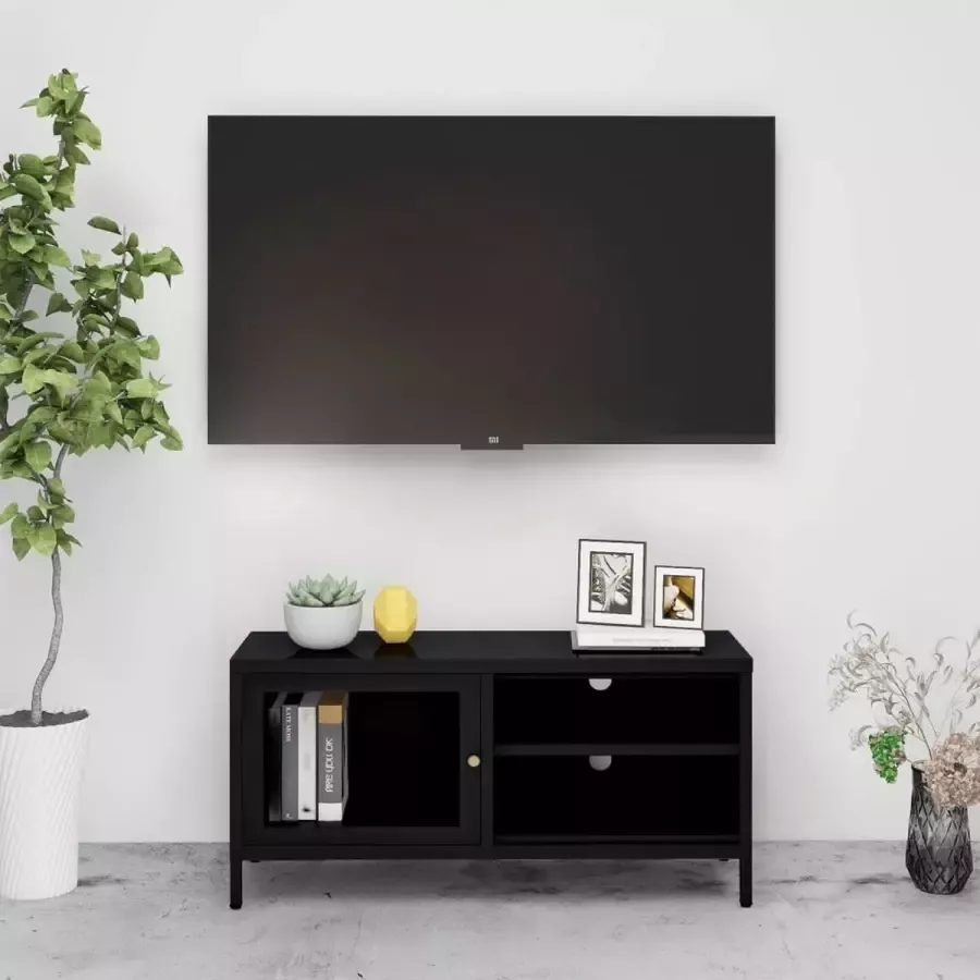 VidaLife Tv-meubel 90x30x44 cm staal en glas zwart