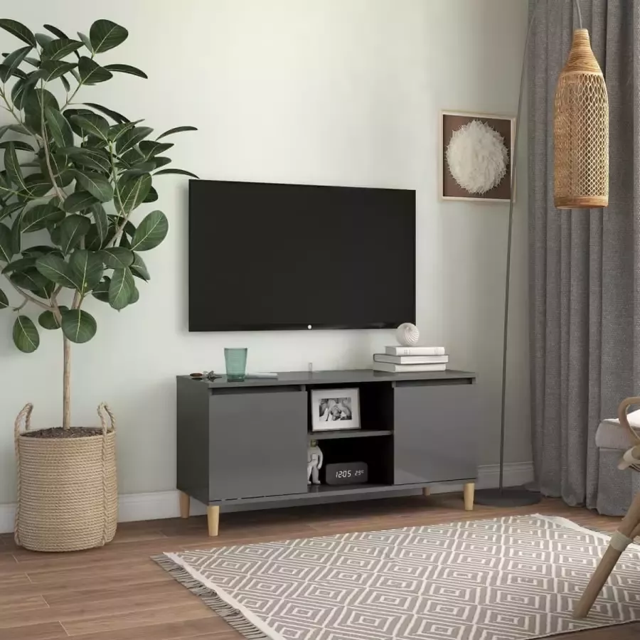 VidaLife Tv-meubel met houten poten 103 5x35x50 cm hoogglans grijs