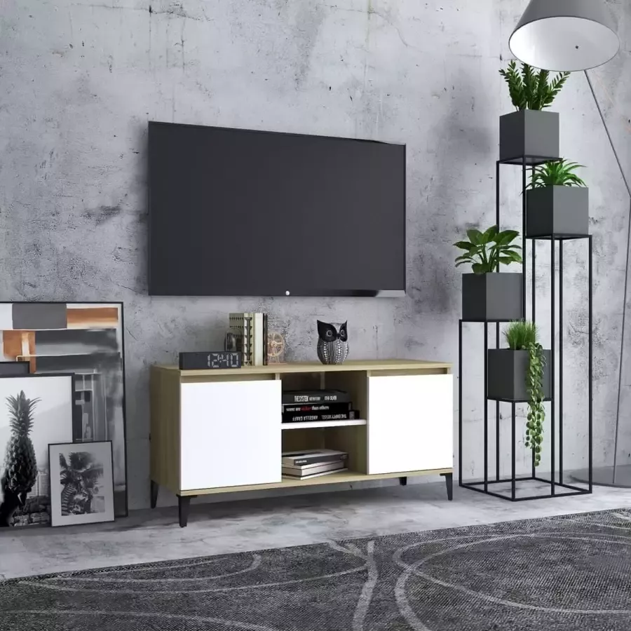 VidaLife Tv-meubel met metalen poten 103 5x35x50 cm wit en sonoma eiken
