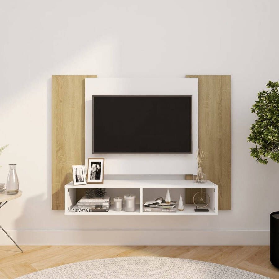 VidaLife Tv-wandmeubel 120x23 5x90 cm spaanplaat wit sonoma eikenkleurig - Foto 1