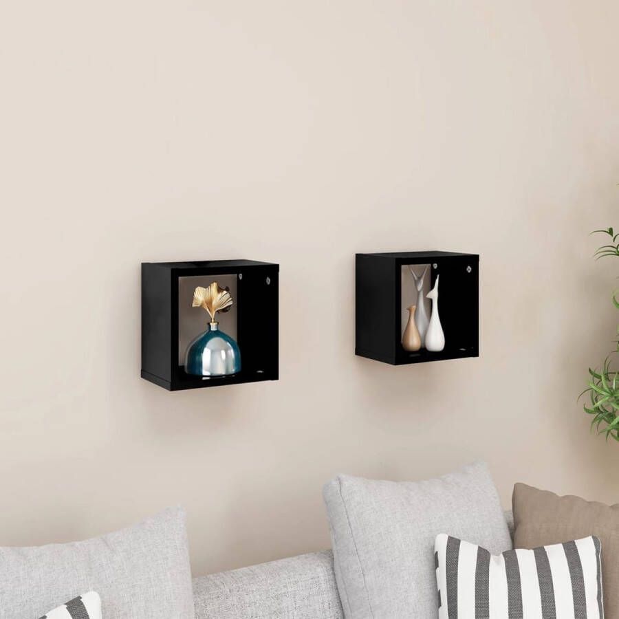 VidaLife Wandschappen kubus 2 st 22x15x22 cm hoogglans zwart