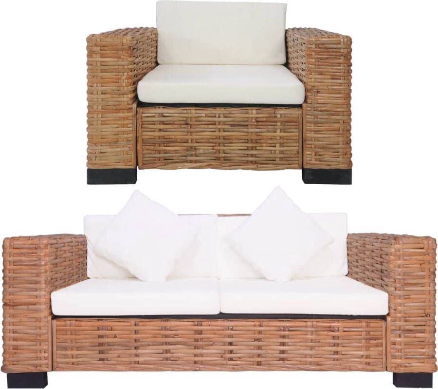 VidaXL Rattan Bankstel 2-delig met Kussens Bruin Rattan Bank Lounge Set Tuinbank Buitentijd Terras Meubilair Bruine Bank Cremekleurige Bank - Foto 2